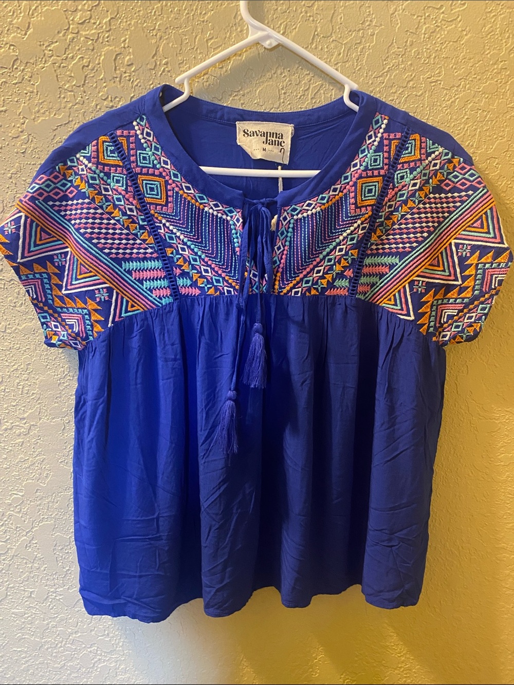 Savanna Jane Royal Blue Embroidered Tassel Peasant Top